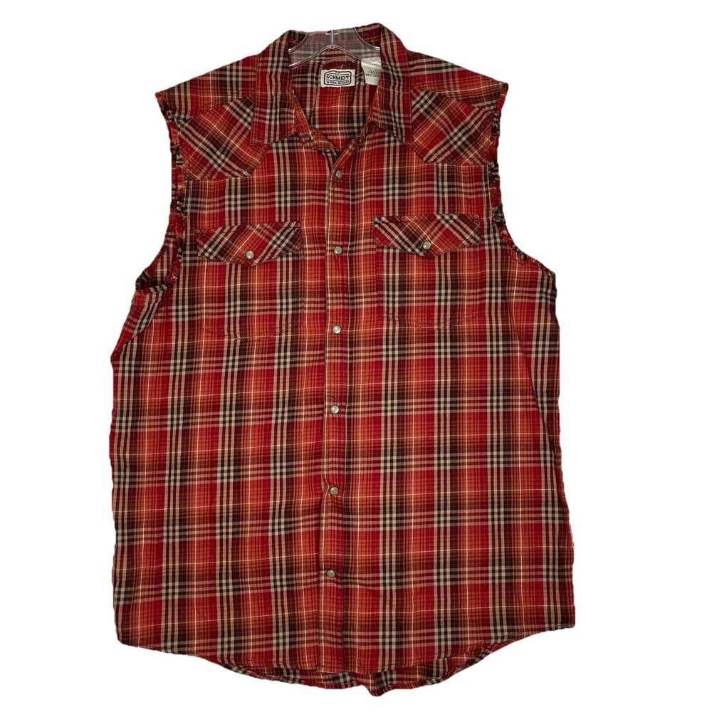 Schmidt‎ Workwear Shirt L Red Plaid Pearl Snap Sleeveless Cowboy Festival